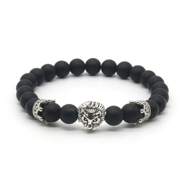 Natural Lava Stone and Black Agate Lion Beaded Bracelet