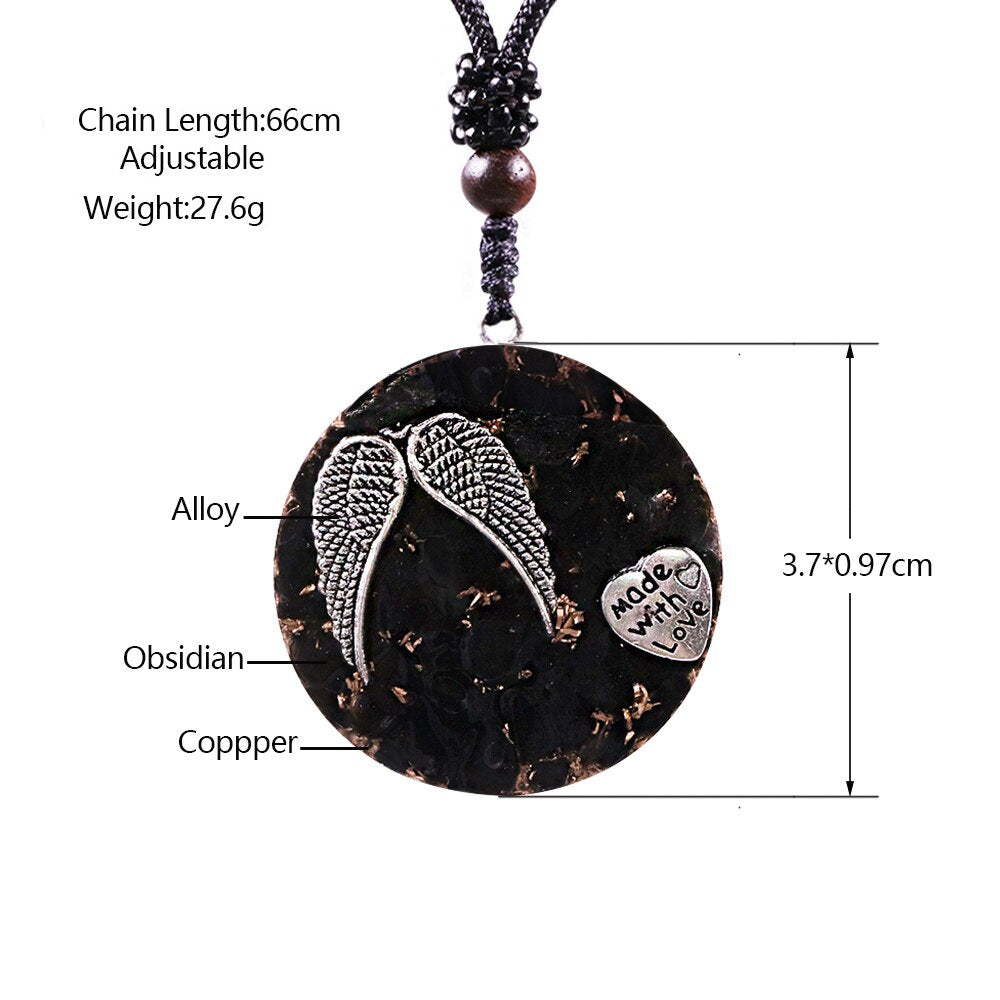 Obsidian Angel Wing & Heart Healing Pendant