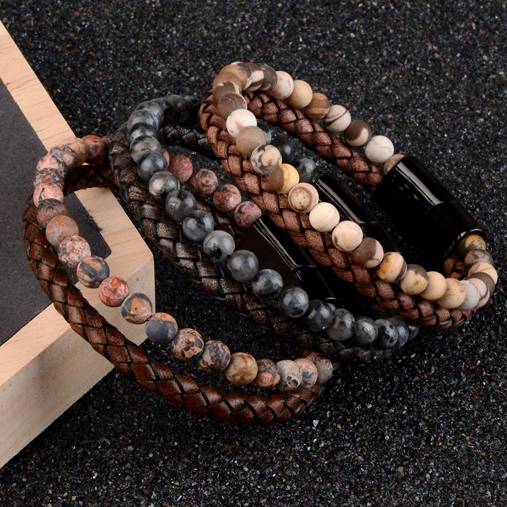 Genuine Stone Leather Braided Bracelet