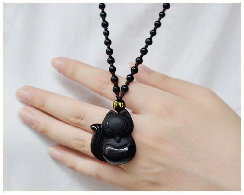 Vintage Obsidian Carved Fox Amulet Pendant