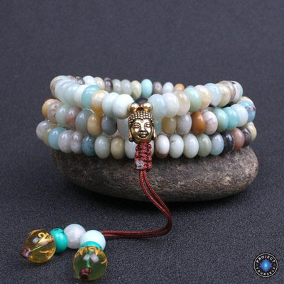 108 Flat Natural Lapis Lazuli Stone Mala With 6 Syllable Mantra Tassel and Buddha Head Charm 108 Amazonite Mala