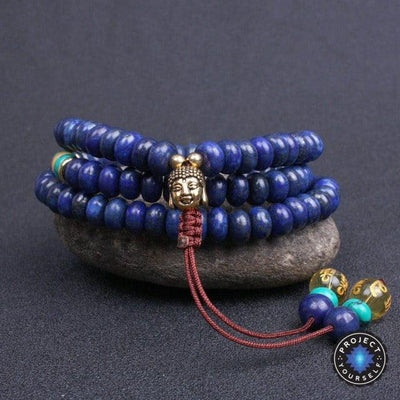 108 Flat Natural Lapis Lazuli Stone Mala With 6 Syllable Mantra Tassel and Buddha Head Charm 108 Lapis Lazuli Mala