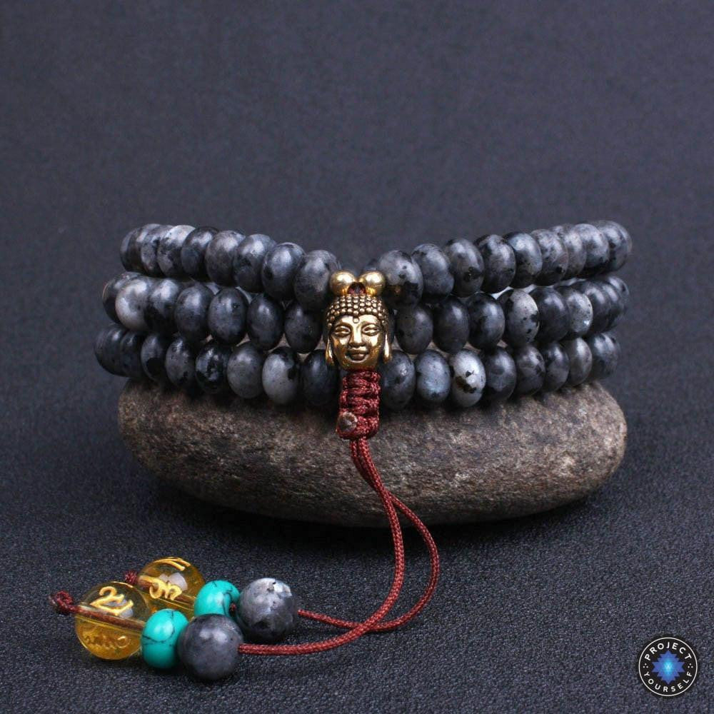 108 Flat Natural Lapis Lazuli Stone Mala With 6 Syllable Mantra Tassel and Buddha Head Charm 108 Spectrolite Mala