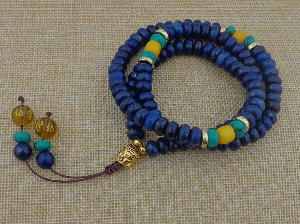 108 Flat Natural Lapis Lazuli Stone Mala With 6 Syllable Mantra Tassel and Buddha Head Charm Mala