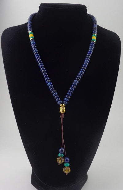 108 Flat Natural Lapis Lazuli Stone Mala With 6 Syllable Mantra Tassel and Buddha Head Charm Mala