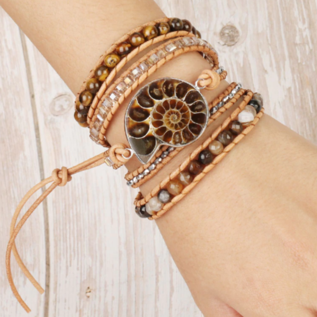 Ammonite Fossils Tiger Eye Wrap Bracelet