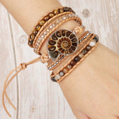 Ammonite Fossils Tiger Eye Wrap Bracelet