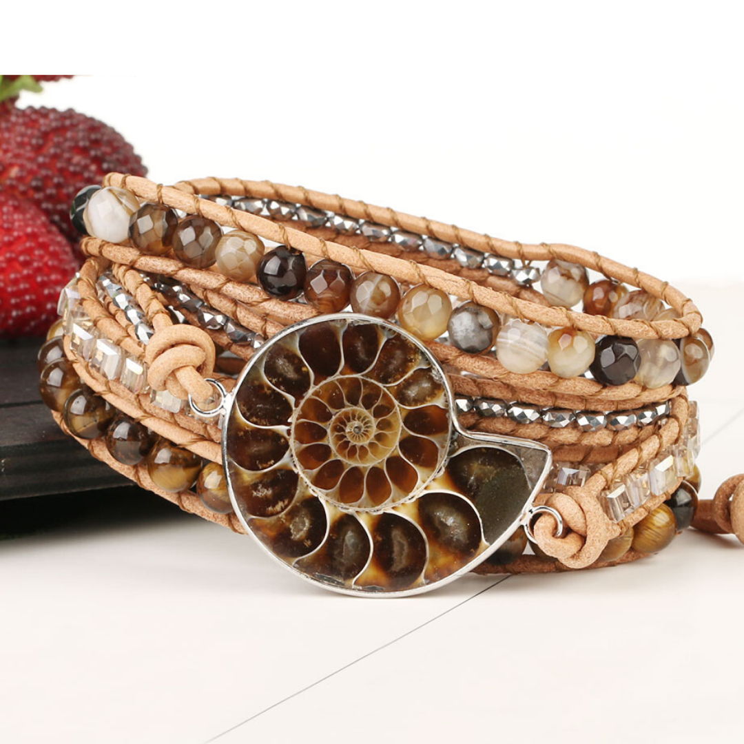 Ammonite Fossils Tiger Eye Wrap Bracelet