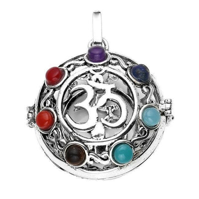 7 Chakra Natural Stone Silver Om Cage Pendant pendant