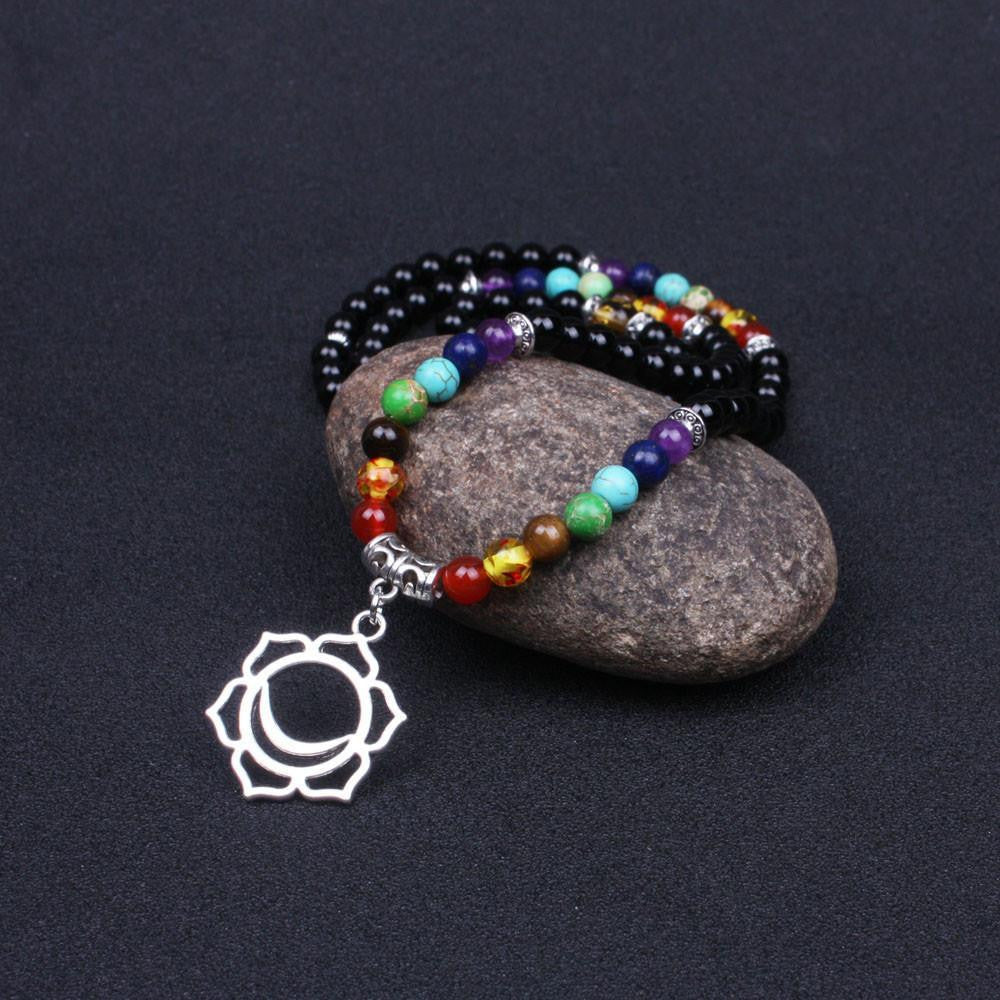 7 Chakra Symbols Black Agate 108 Mala Mala