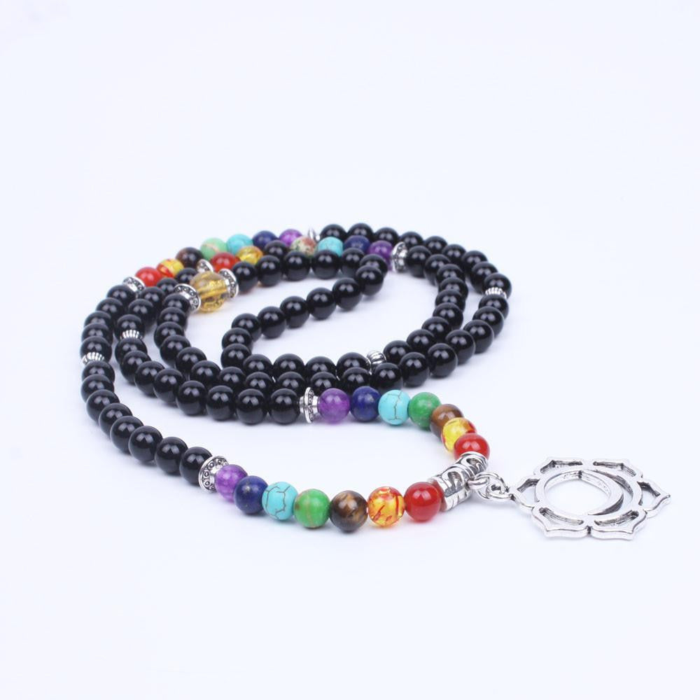 7 Chakra Symbols Black Agate 108 Mala Mala