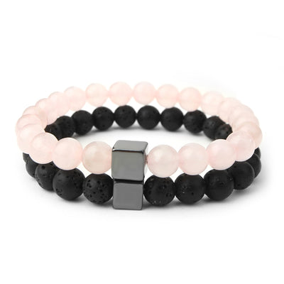 Rose Quartz And Lava Stone Bracelet Duo