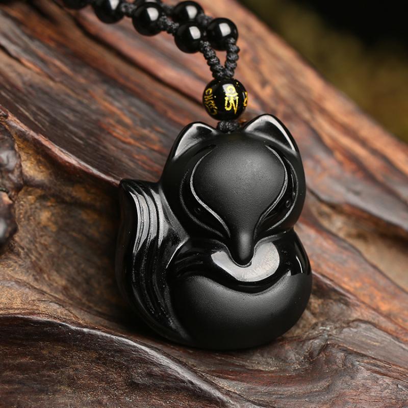 Vintage Obsidian Carved Fox Amulet Pendant