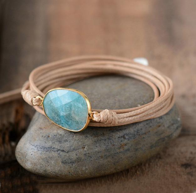 Amazonite Leather Wrap Bracelet Beige Bracelet