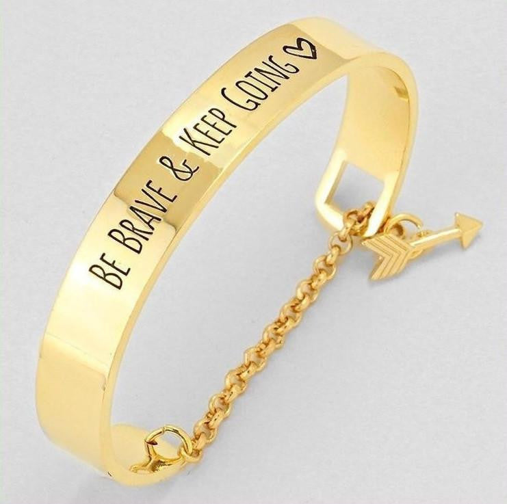 "Be Brave and Keep Going" Inspirational Cuff Bracelet With Safety Chain Gold - Big Bracelet