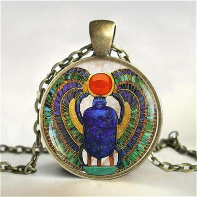 Egyptian Scarab Glass Dome Pendant Necklace Bronze pendant