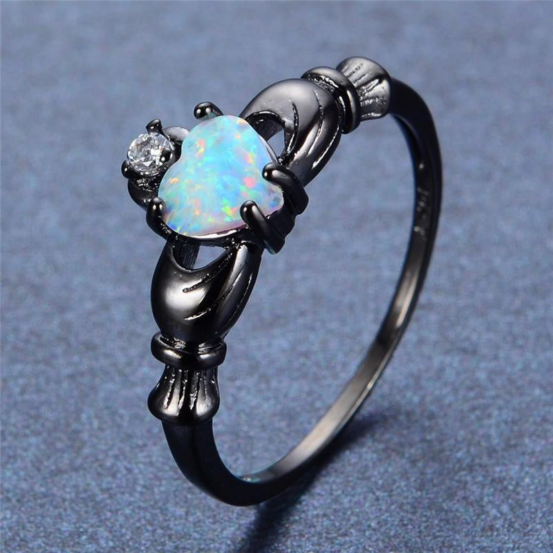 Elegant Rainbow Opal Heart Black Gold Filled Solitaire Ring 10 Rings