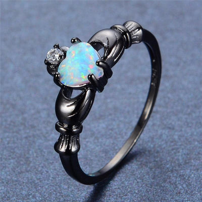 Elegant Rainbow Opal Heart Black Gold Filled Solitaire Ring 10 Rings