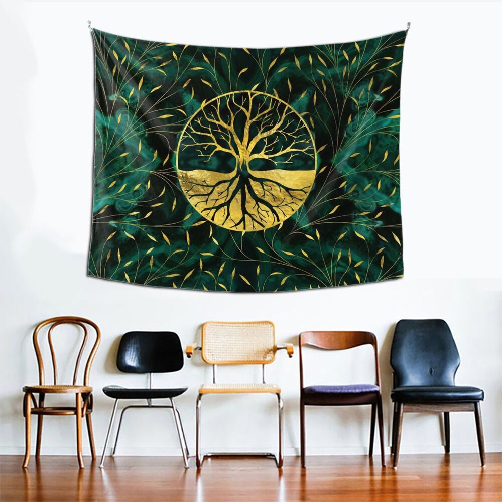 Golden Tree Of Life Malachite Design Tapestry