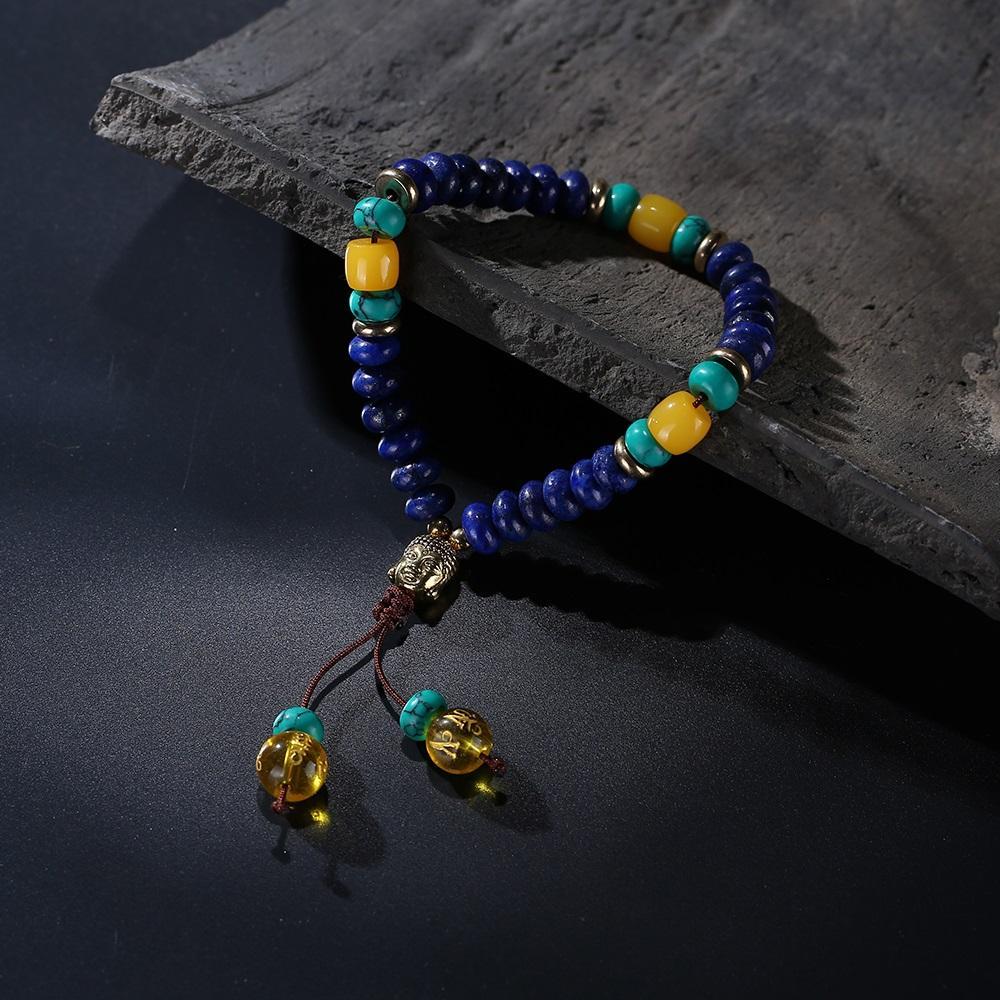 Flat Natural Lapis Lazuli Stone Mala Bracelet With 6 Syllable Mantra Tassel and Buddha Head Charm Bracelet