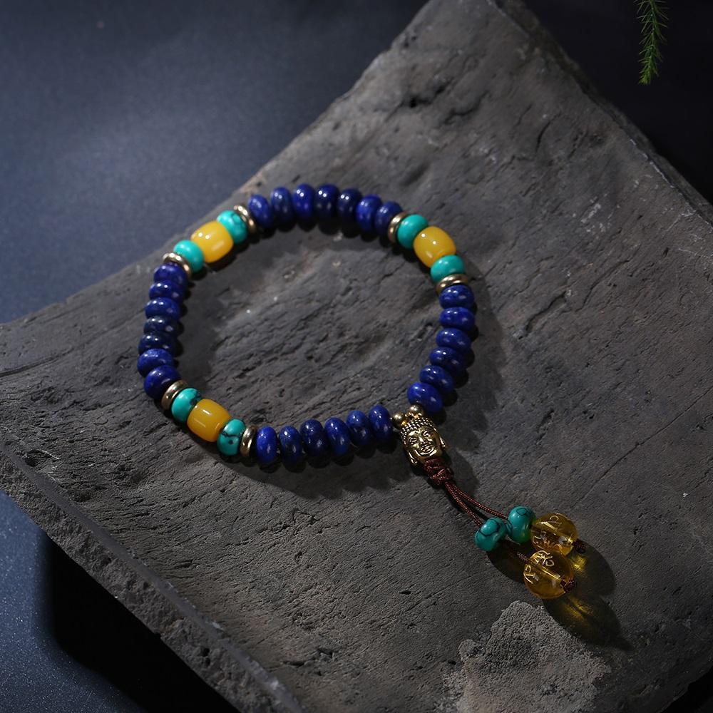 Flat Natural Lapis Lazuli Stone Mala Bracelet With 6 Syllable Mantra Tassel and Buddha Head Charm Bracelet