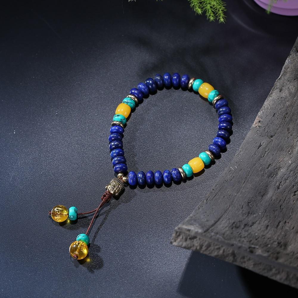 Flat Natural Lapis Lazuli Stone Mala Bracelet With 6 Syllable Mantra Tassel and Buddha Head Charm Bracelet