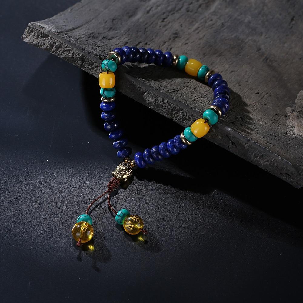 Flat Natural Lapis Lazuli Stone With 6 Syllable Mantra Tassel and Buddha Head Charm Mala Set Jewelry Set