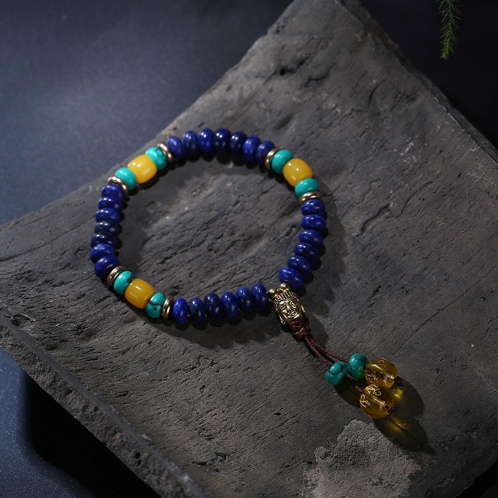 Flat Natural Lapis Lazuli Stone With 6 Syllable Mantra Tassel and Buddha Head Charm Mala Set Jewelry Set