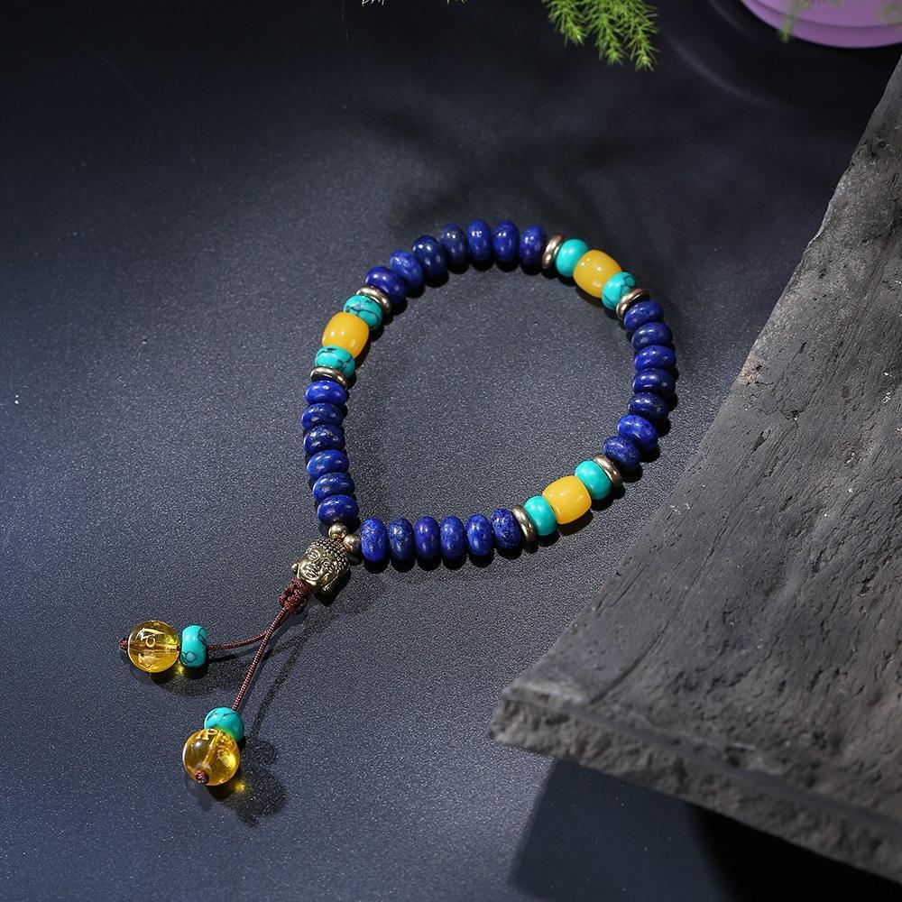 Flat Natural Lapis Lazuli Stone With 6 Syllable Mantra Tassel and Buddha Head Charm Mala Set Jewelry Set