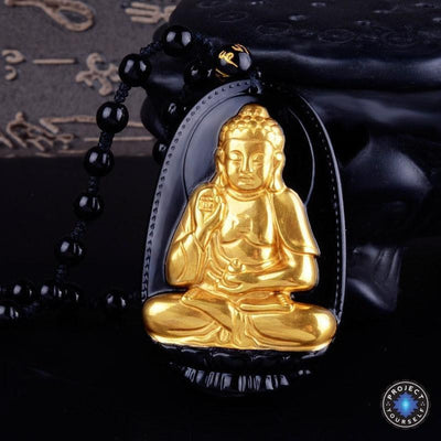 Gold+Natural Black Obsidian Eight Patron Saint Buddha Pendant Necklace Dog / Pig(Boar) Necklace
