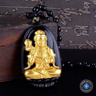 Gold+Natural Black Obsidian Eight Patron Saint Buddha Pendant Necklace Snake / Dragon Necklace