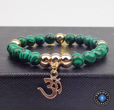 Gold Plated OM Charm with Natural Stone Beads Bracelet Malachite Bracelet