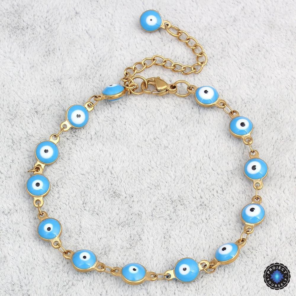 Gold Plated Stainless Steel Enamel Evil Eye Chain Bracelet Sky Blue Bracelet