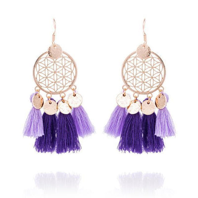 Golden Flower Of Life Tassel Earrings Purple Earrings