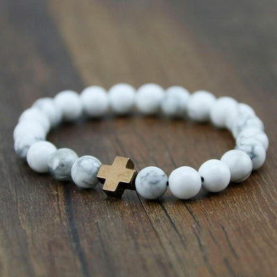 Hematite Gallstone Cross with Lava Stone & White Turquoise Beads Bracelet Bronze - White Turquoise Bracelet