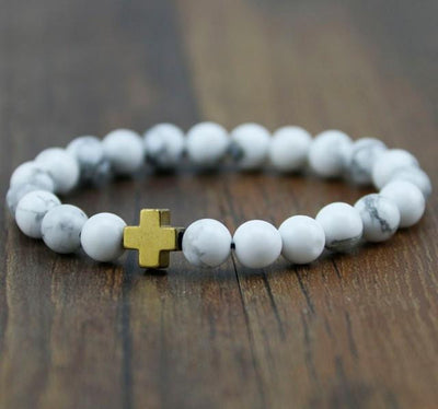 Hematite Gallstone Cross with Lava Stone & White Turquoise Beads Bracelet Gold - White Turquoise Bracelet