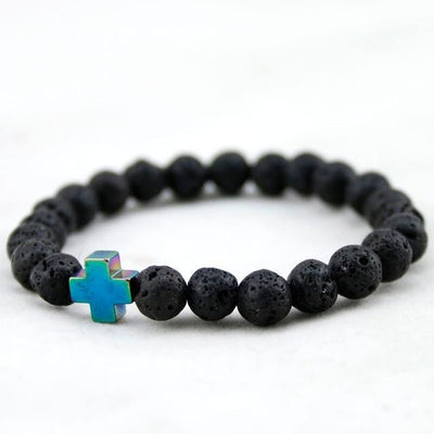 Hematite Gallstone Cross with Lava Stone & White Turquoise Beads Bracelet Rainbow - Lava Stone Bracelet