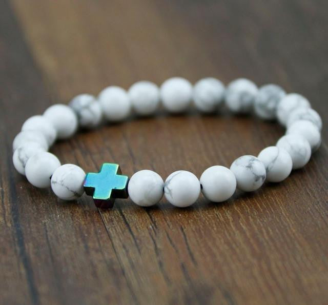 Hematite Gallstone Cross with Lava Stone & White Turquoise Beads Bracelet Rainbow - White Turquoise Bracelet