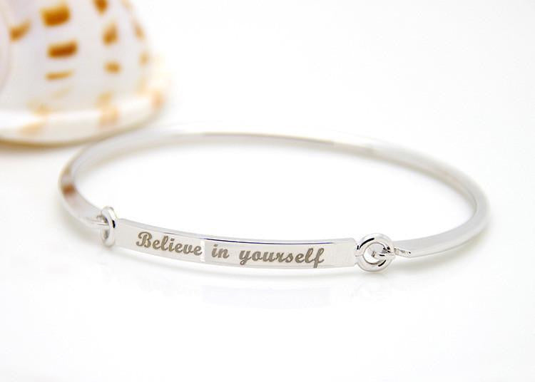 Inspirational Script Engraved "Believe In Yourself" Bangle Bracelet Silver Bracelet