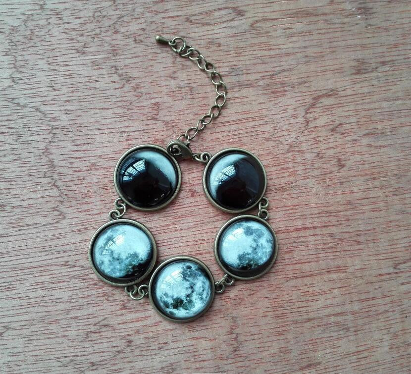 Luminous Phases of the Moon Glass Jewelry Bronze Bracelet Necklace