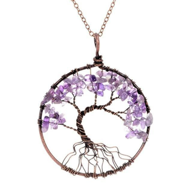 Magnificent Handmade Tree of Life Natural Stone Pendant Necklace Amethyst Chakra Necklace