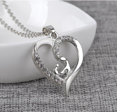 Mother and Child Crystal Rhinestone Heart Pendant Necklace Necklace