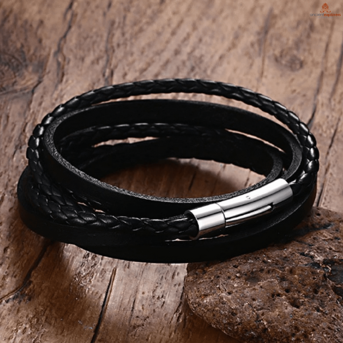 Multiwrap Genuine Black Leather Stainless Steel Bracelet Bracelets