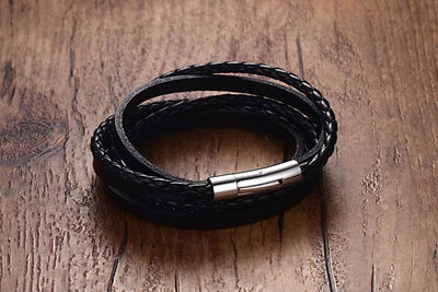 Multiwrap Genuine Black Leather Stainless Steel Bracelet Bracelets