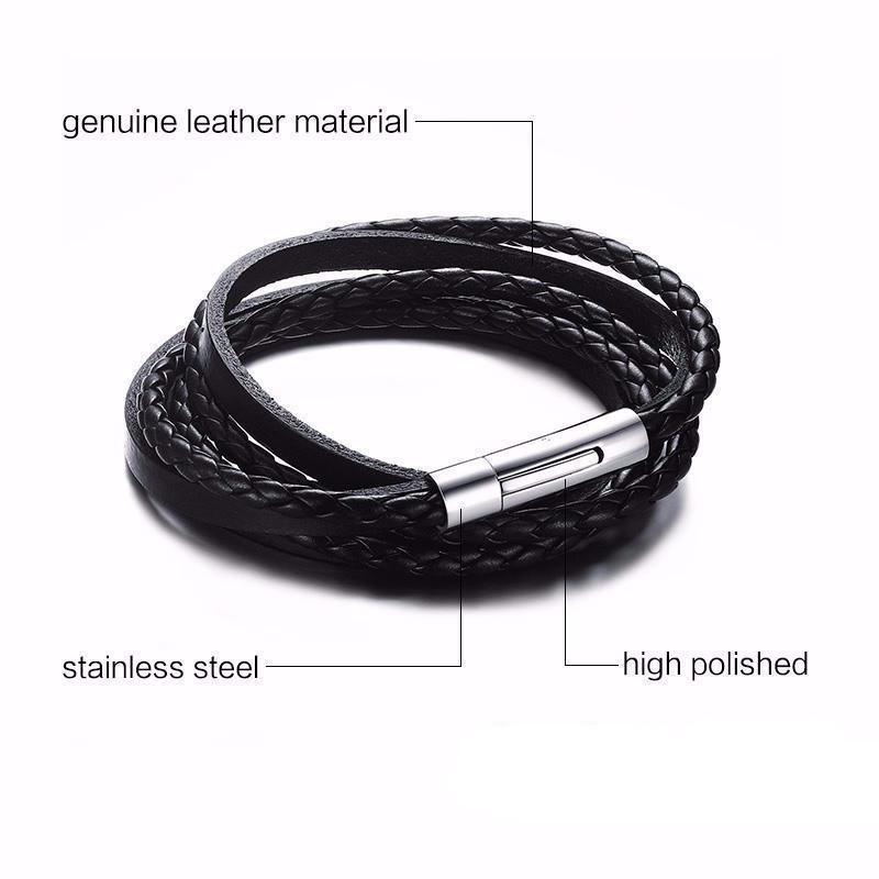 Multiwrap Genuine Black Leather Stainless Steel Bracelet Bracelets