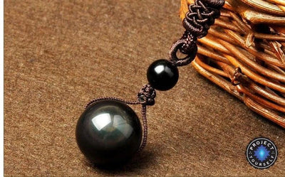 Natural Black Rainbow Eye Obsidian Sphere Pendant Necklace Necklace