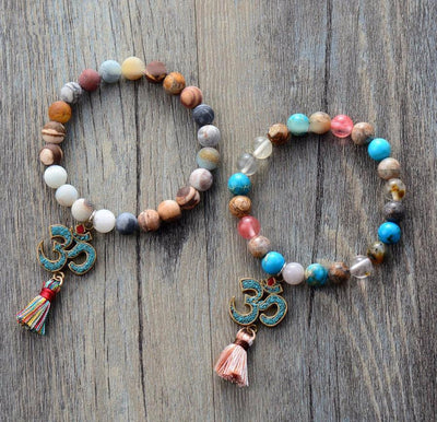 Natural Jasper Beads with Tibetan OM Charm and Short Tassel Mala Bracelet Bracelet