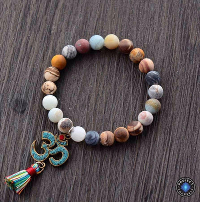 Natural Jasper Beads with Tibetan OM Charm and Short Tassel Mala Bracelet Fantasy Bracelet