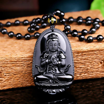 Natural Obsidian Hand Carved Buddha Amulet Pendant Necklace Style 2 Necklace