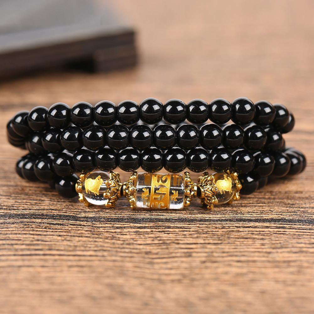 Natural Obsidian Zodiac Animal Wrap Bracelet pig / boar Bracelet